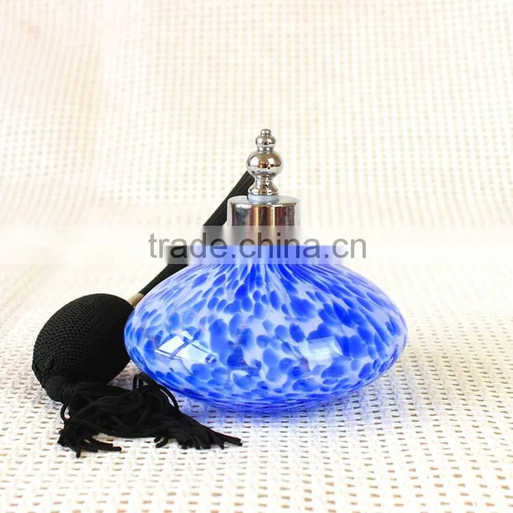 Handmade Vintage France Art Deco Glass Airbag Perfume Bottle / Blue Point Empty Scent Bottle
