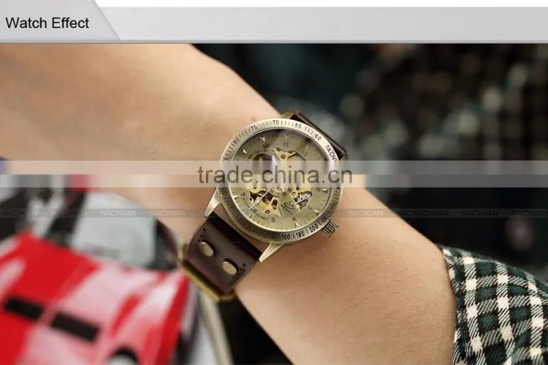 Mens Vintage Bronze Skeleton Analog Auto Sport Mechanical Watch