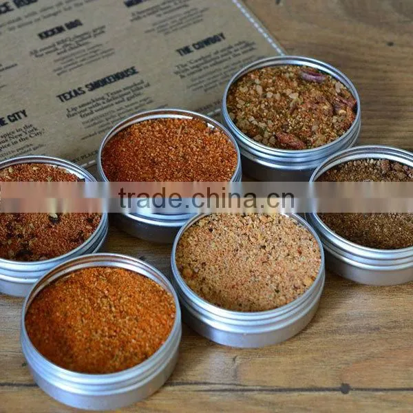 Gourmet Spice Rub Set of 6 2 inch solid screw top containers filled with delicious savory blends