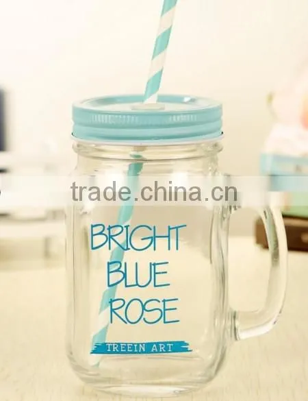 handle glass jar for water with lid and straw