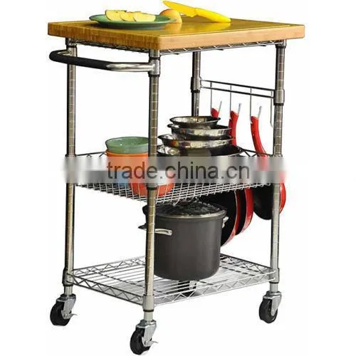 Removable kitchen metal dinner car with wooden tray rack