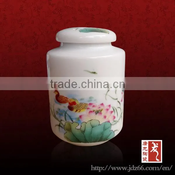 Blue and white cheap ceramic tea caddy with rice-pattern decorated ceramic