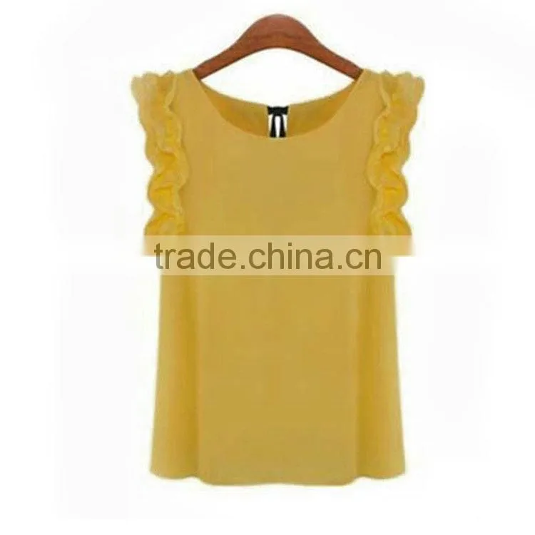 Plus Size Ladies Blouses 2015 New Summer Women Blouse O-Neck Lotus Leaf Casual Shirt Women Clothing Lacing Bow Chiffon Blouse