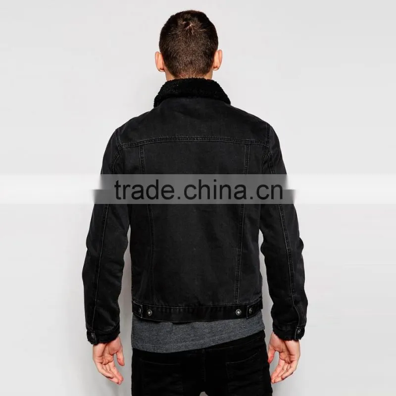 black denim plain fur jacket black collar windbreak overcoat for men