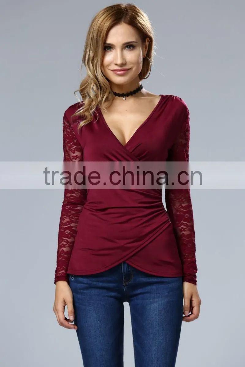 Clothes woman fashion long bell sleeve deep V neck lace blouse 2017
