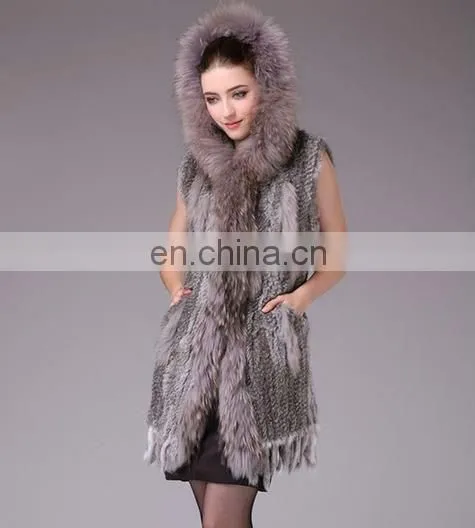 rabbit fur kintted cape long vest with raccoon collar /#00V31