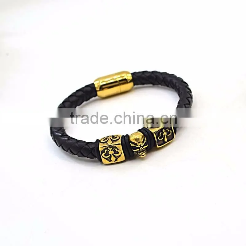 Gold skull clasps for leather bracelets real mens leather bracelet