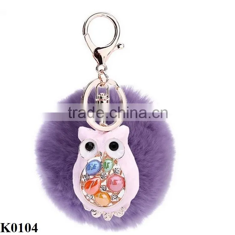 Colored owl keychain fur ball key chain owl with gemstone keychain keyring K0104