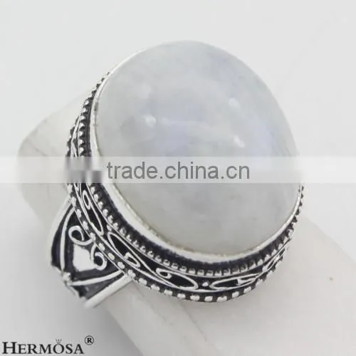 Natural Retro Rainbow Moonstone 925 Sterling Silver Gemstone Ring Sz.8