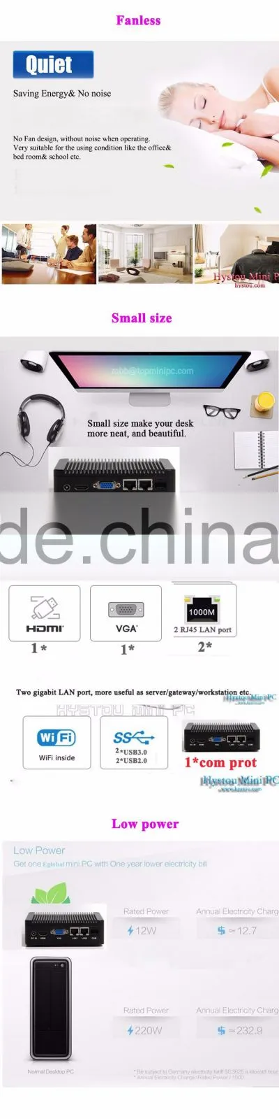 Thin Client Linux mini pc server fanless computer dual lan J1900 baytrial mini pc hdmi 1080p rj45 2G RAM 8G SSD