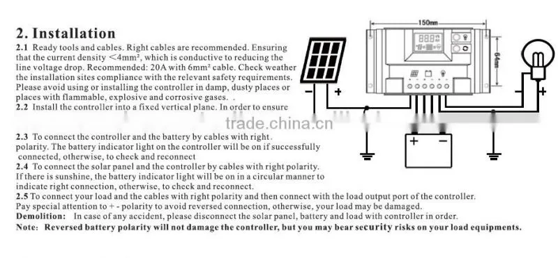 Solar charge controller 20A with LCD display and technical data can be set