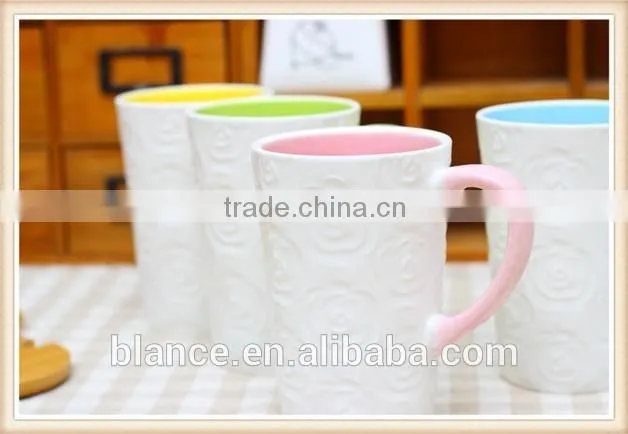 White Coffee Mug Color Interior With Embossed Flower
