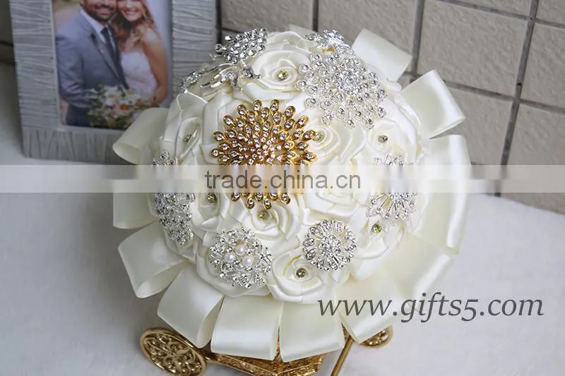 Gold Wedding Bouquet Handmade Flowers Wedding Flowers with Rhinestones