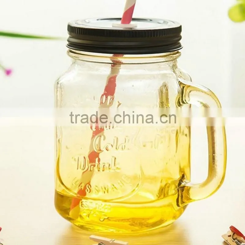 Hot selling products of glass drink pump lid 480ml colorful glass mason jar with handles wholesale