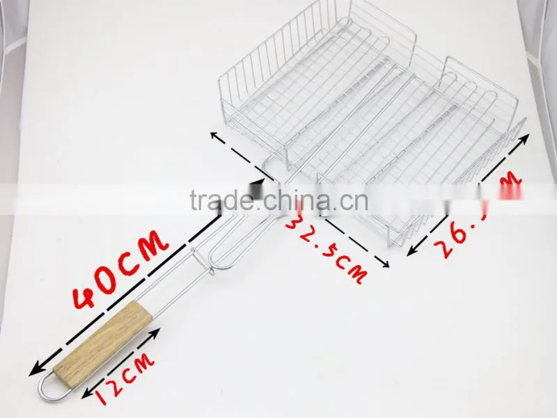Outdoor Barbecue Nonstick Hamburger Grilling Basket With Wood Handle