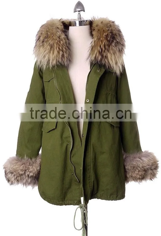 Detachable Faux Fur Jacket with fur collar fur sleeve ,women Army green Jacket coat