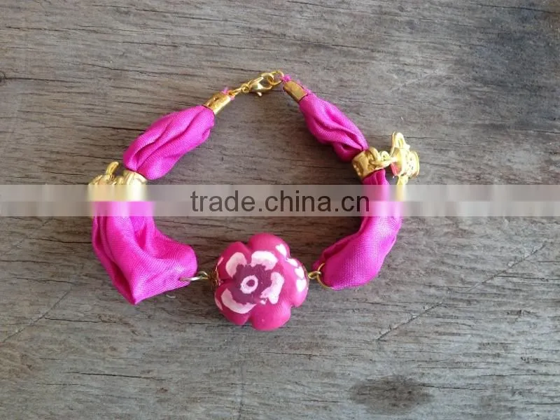 fabric cloth Bracelet with polymer clay flower charm, gold teapot charm silk cloth Bracelet new design fabric bracelet