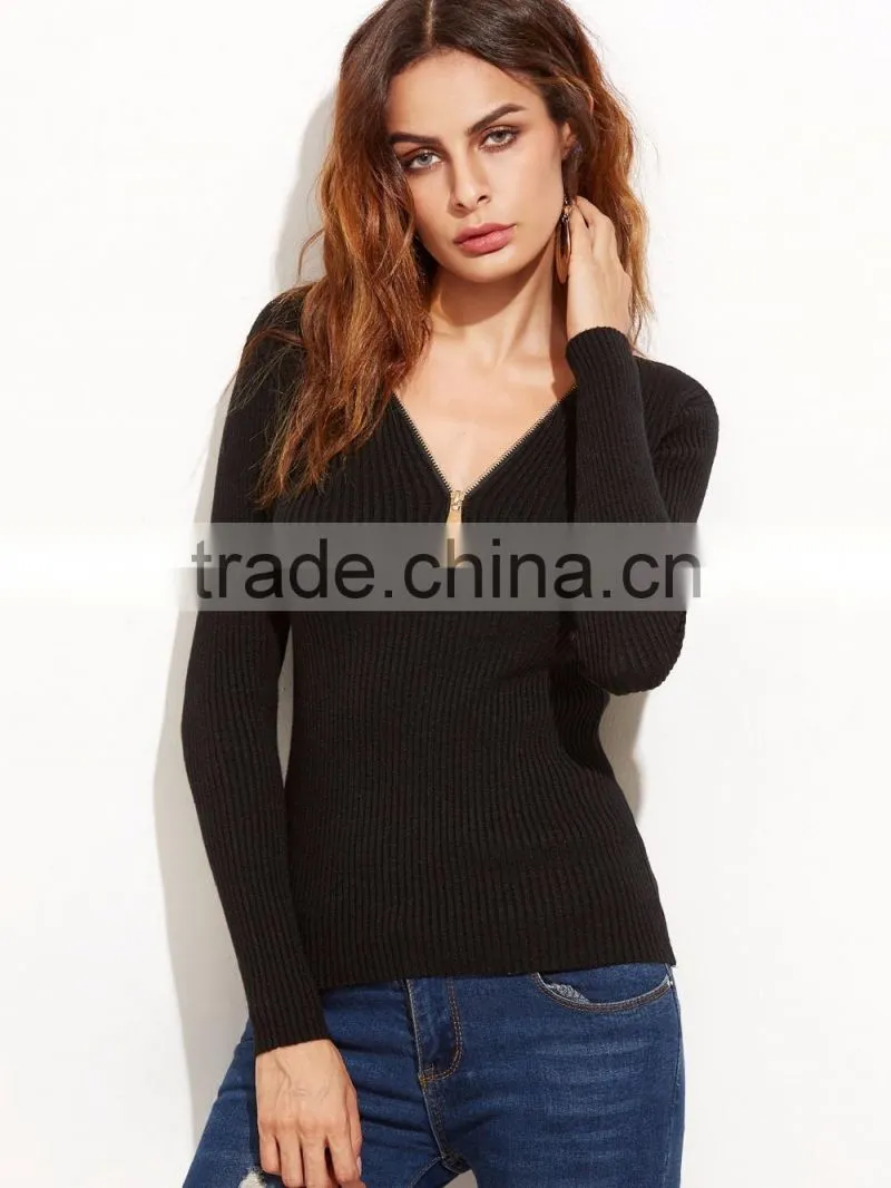 Black V Neck Zipper Ribbed Sweater Cotton Polyester Long Sleeve Pullovers Tight Sweater