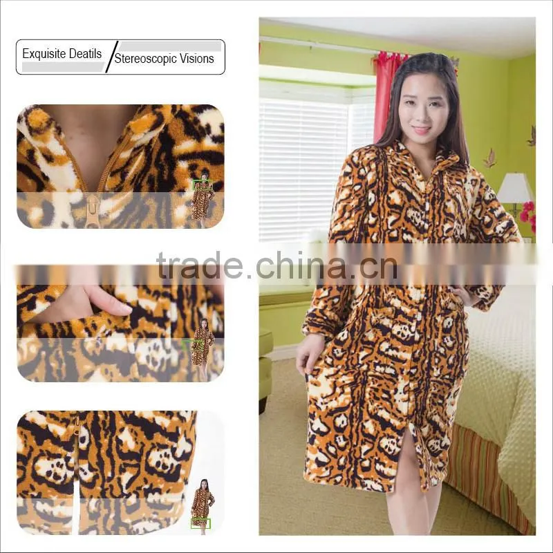 Women sexy animal printed fleece fabric bathrobe with zipper