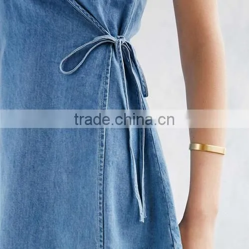 Apparel Denim Sexy Blue Plunge Neck Dress Spaghetti Strap Sashes Wrap Dresses Backless Sleeveless Street A-line Dress