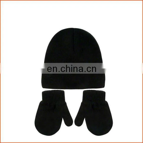 Basic black knit wool scarf hat glove set