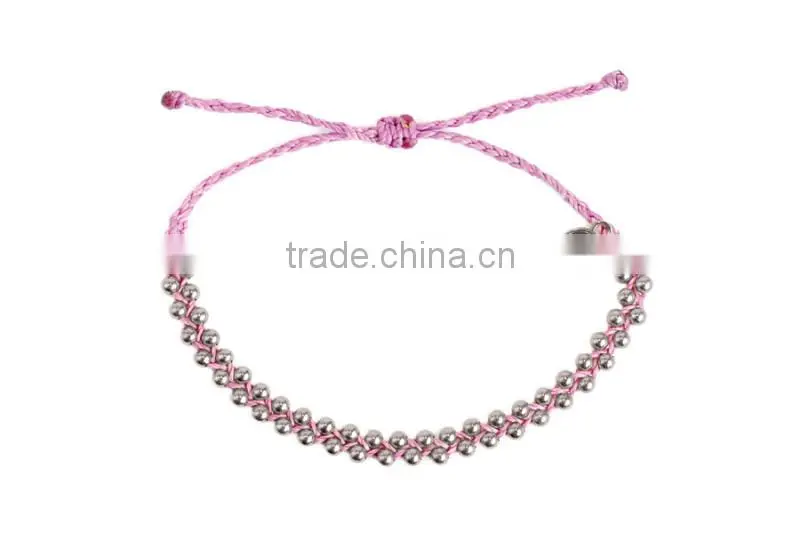 girls gift pink wax cord braided metal bracelet for friend 2015 new