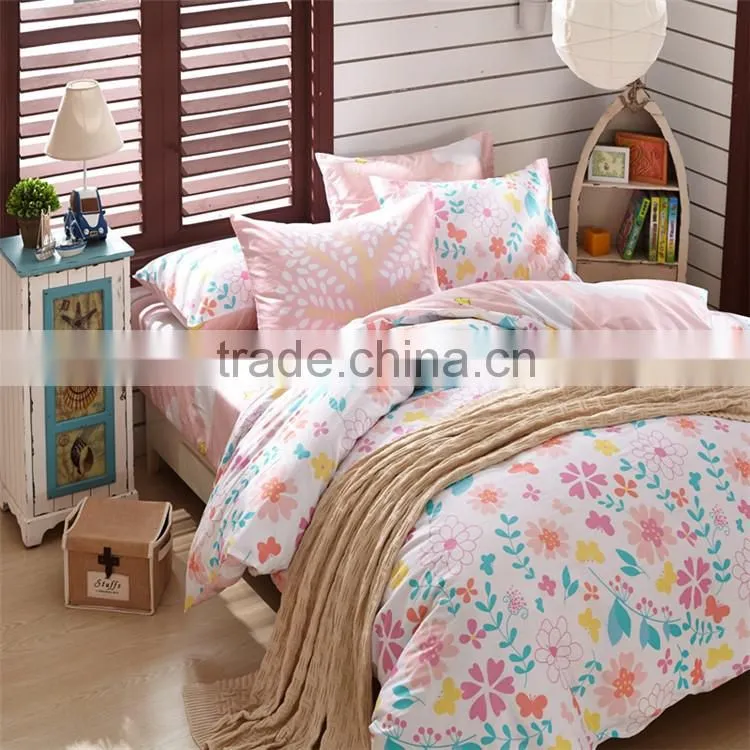 Colorful flower printed cotton children bed sheet set eco-friendly bedding set pink and white kids duvet cover set