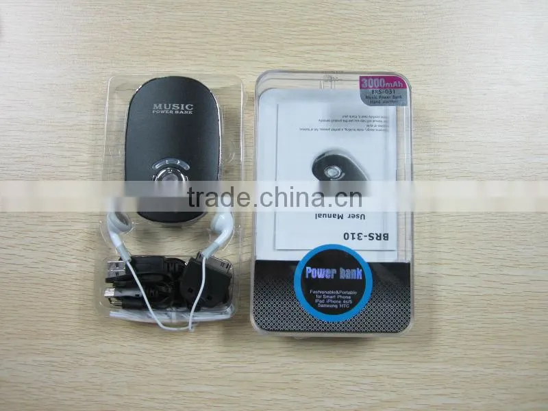 Portable mp3 music player power bank 3000 mah for iphone/samsung