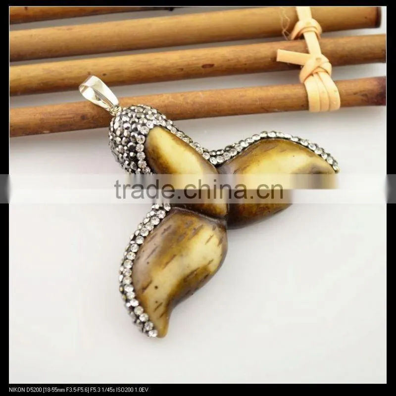 LFD-0089P ~ Wholesale OX Bone Carved Dolphin Tail Charms Pendant Necklace With Pave Crystal Rhinestone Fashion Jewelry