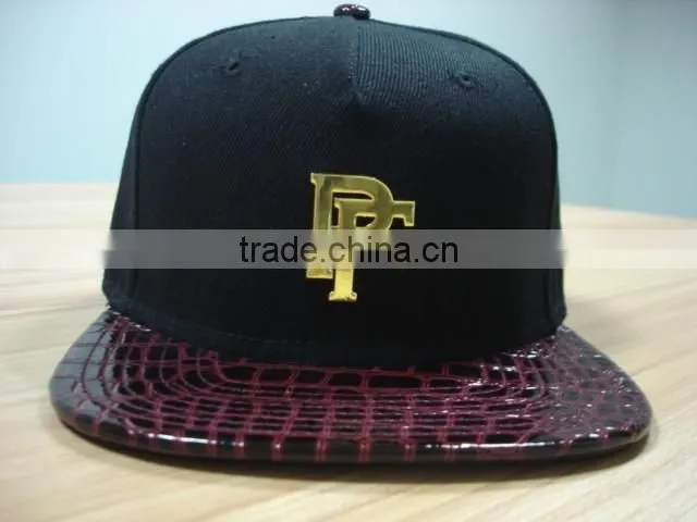 acrylic crown and Alligator leather brim metal logo strapback snapback cap 6 panel baseball cap