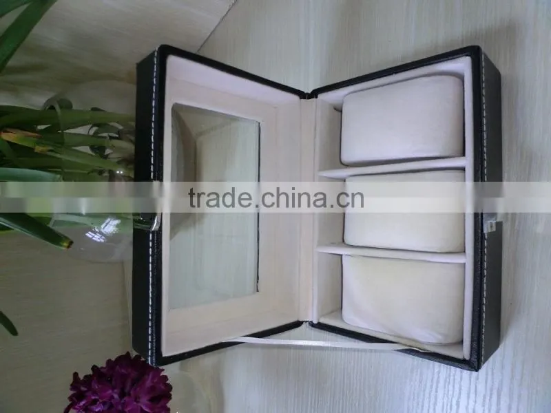 luxury black leather shadow window lid watch box gift box lint lock front black jewelry leather box