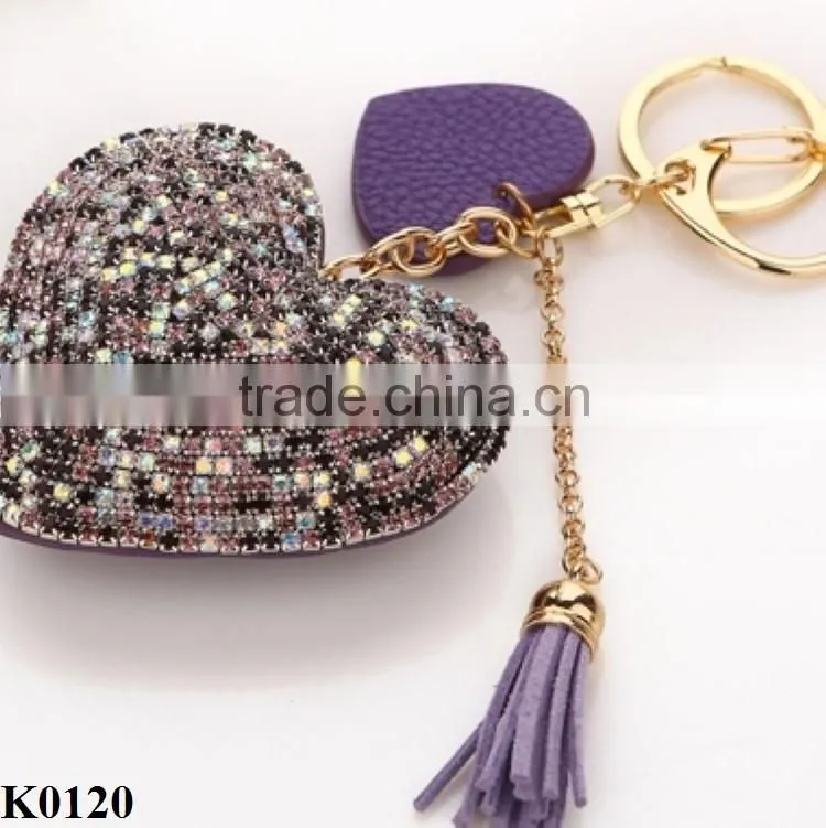 Metal key chain ring full rhinestone heart crystal leather keychain keyring for wholesale K0120