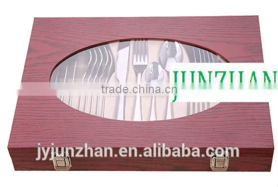 24pcs spoon fork knife sets with plain handle and wooden box packing
