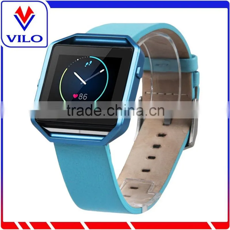 2016 new arrival genuine leather wristband strap for fitbit blaze with metal frame housing