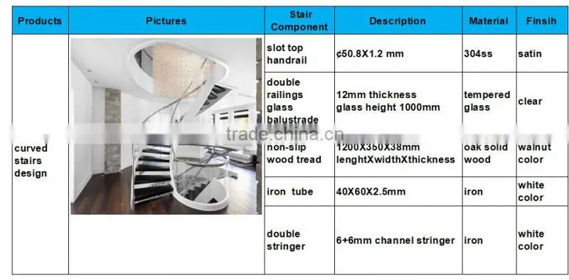 moden indoor prefabricated steel glass curved stairs design