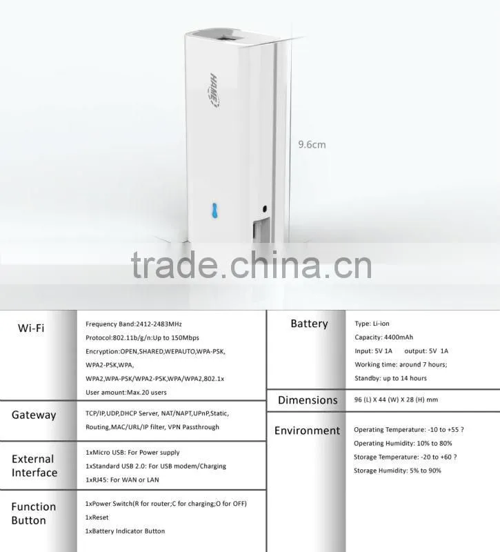 wireless router 3g hotspot pocket wifi with 4400mAh power bank