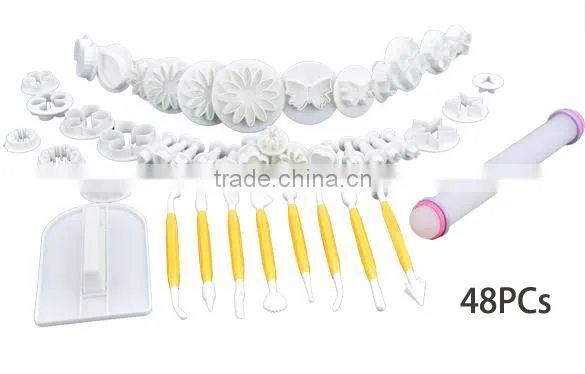 46 PCs Set Fondant Cake Cutter Ejector Stamp + Modeling + smoother + border decoration fondant marzipan Plunger Cutter SV009933