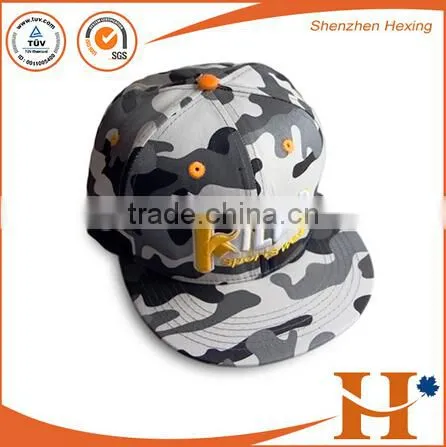 Custom Metal LOGO Camo Sanpback Cap, 3D Embroidery Camouflage Pattern Flat Brim Cap