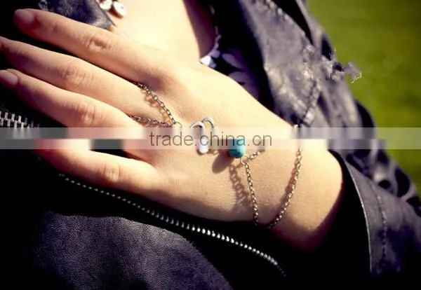 Punk Golden Rib Chunky Slave Chain Link Hand Harness Finger Ring Bangle Bracelet
