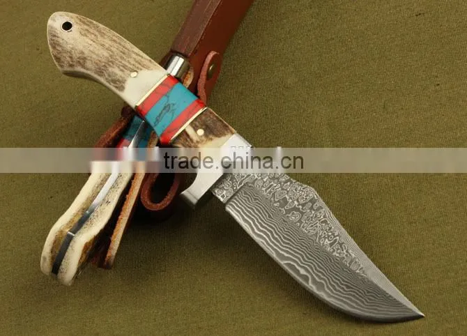 OEM Damascus steel antler wood handle full tang knife