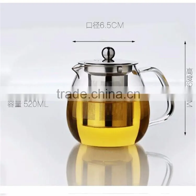 Hot sale!520ml/750ml Mouth blown heat-resistant borosilicate teapot with stainless steel filter, in stock.