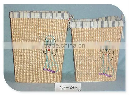 wheat straw storage basket with animal pattern and stripe liner