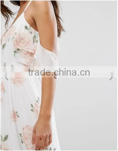 Guangzhou Wholesale Clothing OEM Cold Shoulder Rose Floral Fresh Dresses