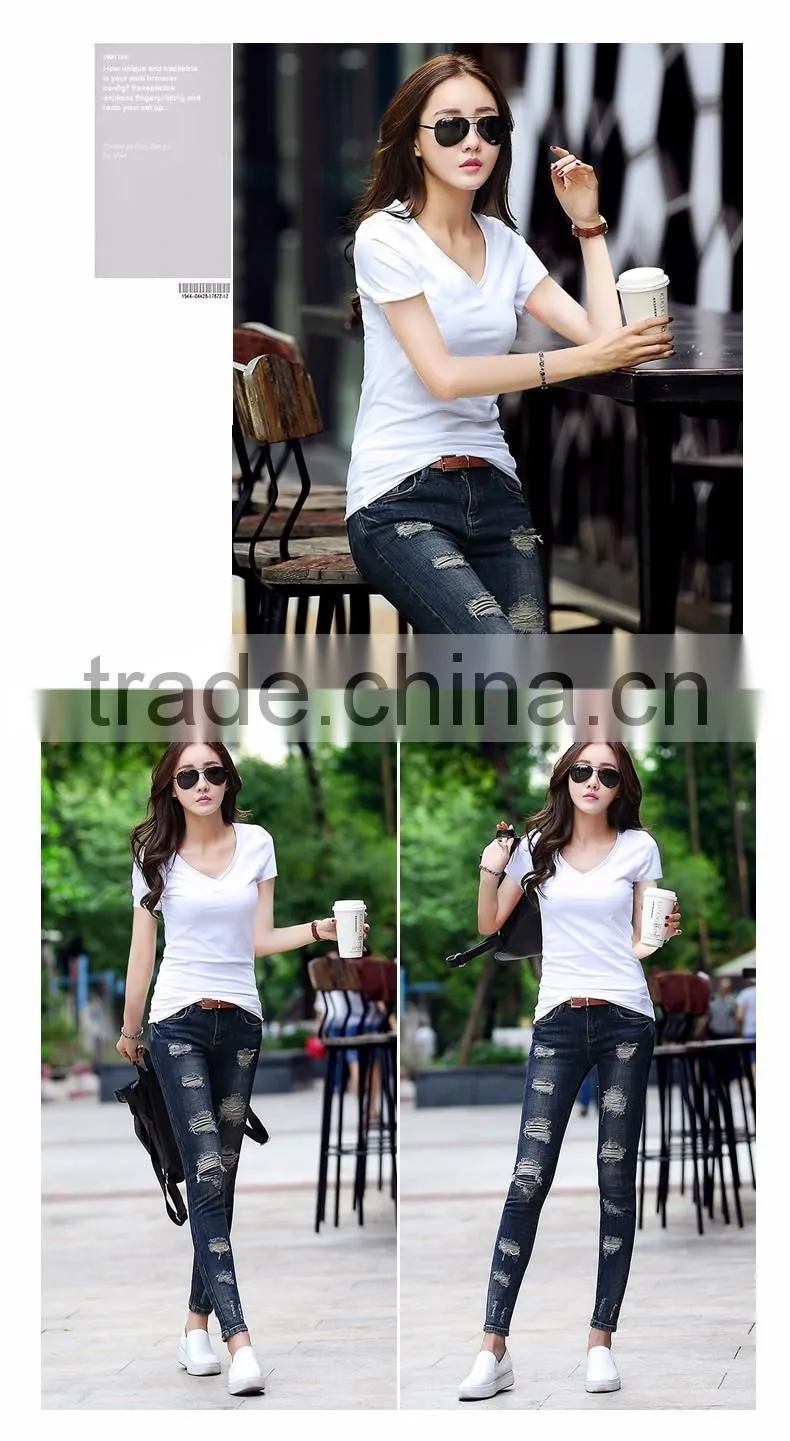 Customized manufactorying pure V neck short-sleeve ladies T shirt