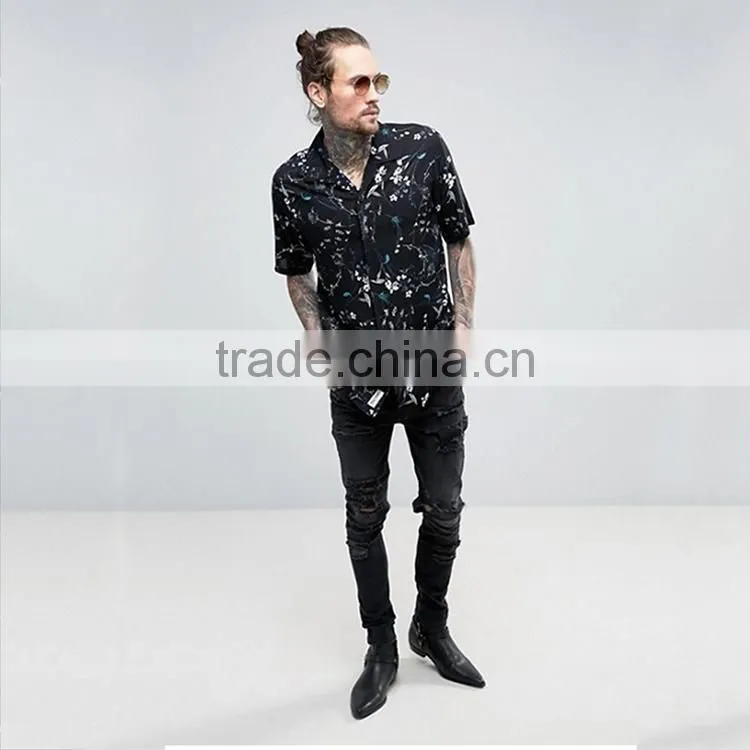 Printed short sleeve men's shirt Black summer style fashion casual shirt