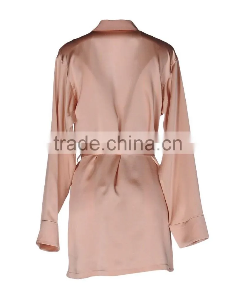 Customize ladies luxury silk long sleeve dressing gown, lapel collar, knee length gown robe