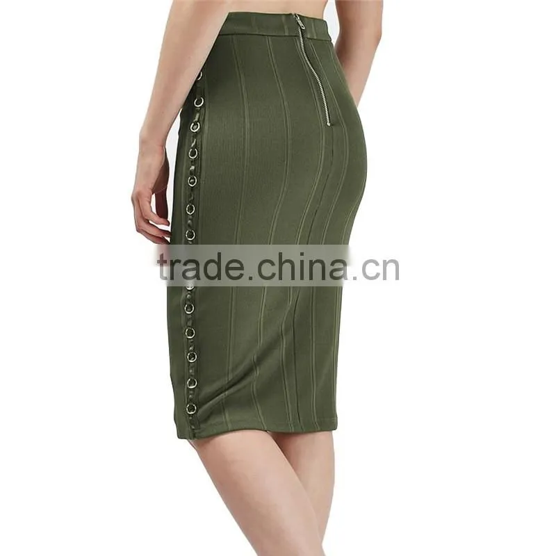 2017 OEM Ladies Fashion Midi Tube Khaki Skirt with Side Metal Detrails