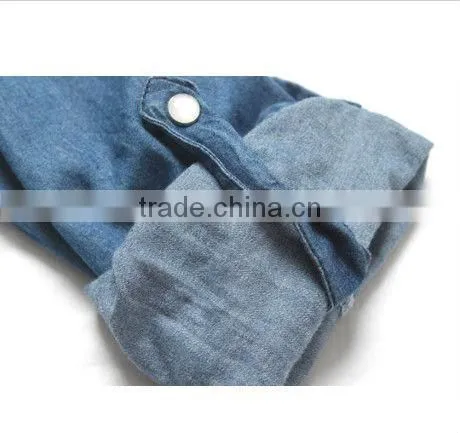 new lady's long sleeve loose casual contrast color denim shirt with two pockets