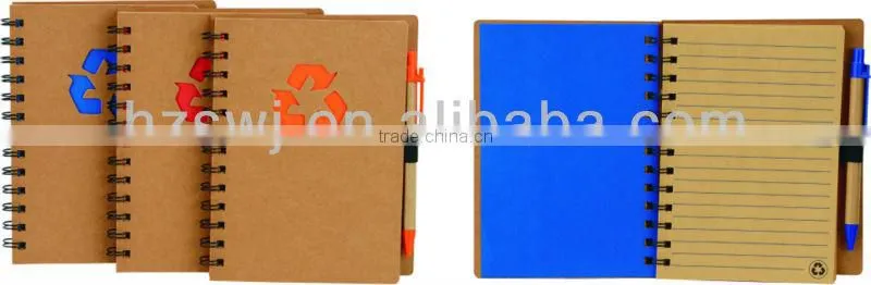 Hard kraft cover spiral recycle notebook 70grams 70sheets 18*14cm with recycle paper pen