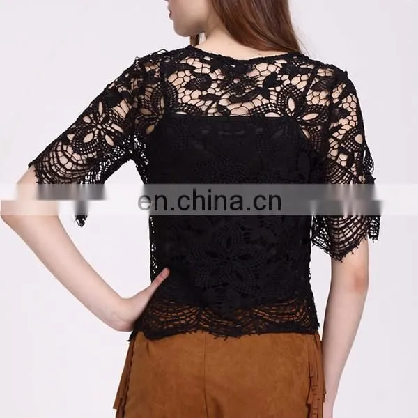 2016 Black Lace Ladies Fashion Tops And Blouses For Women
